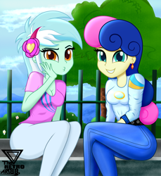 Size: 2400x2618 | Tagged: safe, artist:theretroart88, character:bon bon, character:lyra heartstrings, character:sweetie drops, g4, my little pony:equestria girls, bench, clothing, duckface, duo, looking at you, sitting, tree