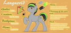 Size: 2048x947 | Tagged: safe, artist:amishy, oc, oc only, oc:languorld, species:earth pony, species:pony, backstory, cutie mark, language, lidded eyes, looking at you, male, one hoof raised, pose, raised hoof, reference sheet, simple background, smiling, solo, stallion, work