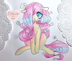 Size: 1080x930 | Tagged: safe, artist:dollbunnie, character:fluttershy, species:eqg human, g4, blushing, colored pencil drawing, female, girly, messy mane, nervous, solo, traditional art