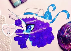 Size: 1080x778 | Tagged: safe, artist:dollbunnie, character:rarity, species:pony, species:unicorn, g4, blushing, clothing, female, girly, hat, marker drawing, solo, traditional art