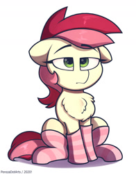 Size: 1410x1800 | Tagged: safe, artist:perezadotarts, character:roseluck, species:earth pony, species:pony, g4, bored, chest fluff, clothing, colored, cute, cuteluck, female, floppy ears, simple background, socks, solo, striped socks, text, white background