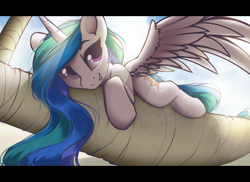 Size: 2276x1658 | Tagged: safe, artist:hitbass, character:princess celestia, species:alicorn, species:pony, g4, backlighting, crepuscular rays, cute, cutelestia, female, looking at you, lying down, mare, solo, spread wings, tongue out, vacation, wings
