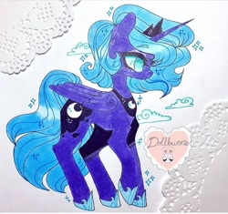 Size: 720x677 | Tagged: safe, artist:dollbunnie, character:princess luna, species:alicorn, species:pony, g4, cloud, crown, female, jewelry, marker drawing, regalia, s1 luna, solo, traditional art, young, young luna, younger