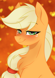 Size: 2894x4093 | Tagged: safe, artist:chickenbrony, character:applejack, species:earth pony, species:pony, g4, bedroom eyes, blushing, chest fluff, cute, female, green eyes, hatless, heart, high res, jackabetes, looking at you, missing accessory, solo