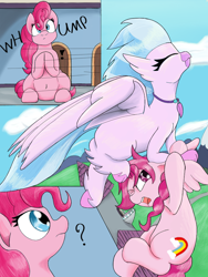 Size: 768x1024 | Tagged: safe, artist:mrleft, character:bifröst, character:pinkie pie, character:silverstream, species:earth pony, species:hippogriff, species:pegasus, species:pony, series:school snacks, g4, behaving like a bird, female, friendship student, imminent vore, mare, oops, story in the source