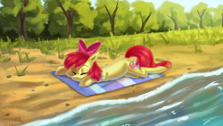 Size: 2400x1350 | Tagged: safe, artist:enderselyatdark, character:apple bloom, species:pony, g4, cute, female, sand, sleeping, solo, tree, water