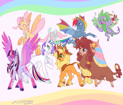 Size: 1280x1088 | Tagged: safe, artist:creeate97, character:applejack, character:fluttershy, character:pinkie pie, character:rainbow dash, character:rarity, character:spike, character:twilight sparkle, character:twilight sparkle (alicorn), species:alicorn, species:bat pony, species:changeling, species:deer, species:dragon, species:kirin, species:pony, species:reformed changeling, species:reindeer, species:yak, g4, alternate universe, applekirin, bat ponified, changedlingified, clothing, cloven hooves, colored hooves, colored wings, cowboy hat, female, flutterling, flying, hat, kirin-ified, leonine tail, male, mane seven, mane six, mare, multicolored wings, pinkie yak, race swap, rainbow wings, rainbowbat, rarideer, reindeerified, scroll, species swap, unshorn fetlocks, winged spike, wings, yakified