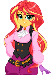 Size: 928x1353 | Tagged: safe, artist:rosemile mulberry, character:sunset shimmer, species:eqg human, g4, my little pony:equestria girls, ascot, belt, broach, bullet, clothing, cosplay, costume, female, gloves, haru okumura, persona, persona 5, persona 5 noir, raised eyebrow, solo, vest