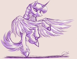 Size: 1390x1060 | Tagged: safe, artist:thatonegib, character:twilight sparkle, character:twilight sparkle (alicorn), species:alicorn, species:pony, g4, female, flying, horn, landing, leonine tail, looking down, mare, monochrome, signature, sketch, solo, unshorn fetlocks, wings