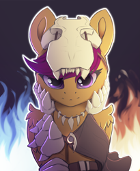 Size: 2039x2481 | Tagged: safe, artist:hitbass, character:scootaloo, species:pegasus, species:pony, g4, bone, dragon slayer, fantasy class, female, filly, fire, helmet, high res, jewelry, looking at you, necklace, skeleton, skull, skull helmet, solo, tooth necklace