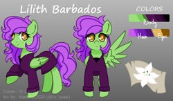 Size: 1300x759 | Tagged: safe, artist:thanhvy15599, oc, oc:lilith barbados, species:pegasus, species:pony, g4, commission, cutie mark, female, gray background, green pony, orange eyes, pegasus oc, purple hair, reference sheet, simple background, solo, wings