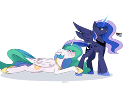 Size: 4093x2894 | Tagged: safe, artist:chickenbrony, character:princess celestia, character:princess luna, species:alicorn, species:pony, g4, blushing, cake, cakelestia, duo, duo female, female, food, glowing horn, horn, magic, mare, royal sisters, siblings, simple background, sisters, teary eyes, telekinesis, white background