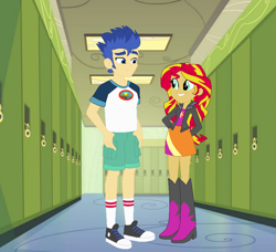 Size: 792x723 | Tagged: safe, artist:jadethepegasus, character:flash sentry, character:sunset shimmer, ship:flashimmer, g4, my little pony:equestria girls, canterlot high, converse, female, hallway, lockers, male, shipping, shoes, straight