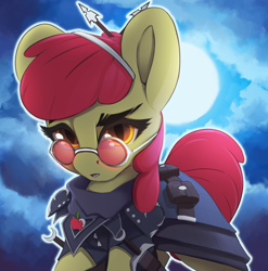 Size: 1972x1999 | Tagged: safe, artist:hitbass, character:apple bloom, species:earth pony, species:pony, g4, clothing, cloud, digital art, female, full moon, glasses, hunter, moon, solo, vampire hunter