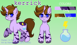 Size: 1300x759 | Tagged: safe, artist:thanhvy15599, oc, oc:kerrick, species:pony, species:unicorn, g4, blue eyes, brown hair, commission, cutie mark, freckles, gray background, green background, horn, male, reference sheet, simple background, solo, unicorn oc