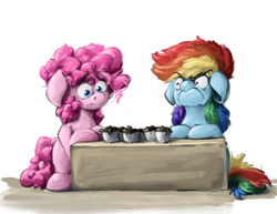 Size: 3300x2550 | Tagged: safe, artist:th3ipodm0n, character:pinkie pie, character:rainbow dash, species:earth pony, species:pegasus, species:pony, g4, angry, burnt, do i look angry, duo, faec, female, food, high res, mare, rainbow dash is not amused, simple background, sitting, unamused