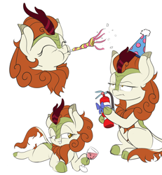 Size: 2400x2600 | Tagged: safe, artist:rocket-lawnchair, character:autumn blaze, species:kirin, g4, alcohol, autumn blaze is not amused, awwtumn blaze, clothing, cloven hooves, cute, female, fire extinguisher, glass, hat, hoof hold, party hat, unamused, wine, wine glass