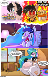 Size: 2600x4100 | Tagged: safe, artist:metalface069, character:princess celestia, oc, oc:chug-a-lug, species:alicorn, species:earth pony, species:pony, g4, belly, big belly, bread, chubby, chubbylestia, comic, commission, crying, dream, fat, feeding, female, food, hug, mare, muffin, sleeping, your character here