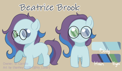Size: 1300x759 | Tagged: safe, artist:thanhvy15599, oc, oc:beatrice brook, species:earth pony, species:pony, g4, commission, cutie mark, earth pony oc, female, filly, glasses, reference sheet, simple background, solo