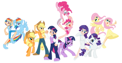 Size: 6633x3449 | Tagged: safe, artist:trinityinyang, character:applejack, character:fluttershy, character:pinkie pie, character:rainbow dash, character:rarity, character:twilight sparkle, species:earth pony, species:human, species:pegasus, species:pony, species:unicorn, clothing, converse, dress, female, hat, human ponidox, humanized, looking at each other, looking at you, mane six, open mouth, ponidox, simple background, skirt, smiling, transparent background