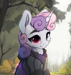 Size: 2299x2403 | Tagged: safe, artist:hitbass, character:sweetie belle, species:pony, species:unicorn, sweetie bot, g4, cheek fluff, chest fluff, cute, cyberpunk, cyborg, diasweetes, female, filly, heterochromia, high res, looking at you, robot, solo, tree