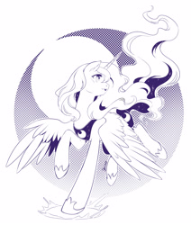 Size: 2364x2784 | Tagged: safe, artist:nekoshiei, character:princess luna, species:alicorn, species:pony, g4, female, high res, mare, monochrome, profile, running, solo, splash, spread wings, wings