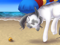 Size: 1600x1200 | Tagged: safe, artist:causticeichor, oc, oc:inkenel, oc:oretha, species:pony, g4, beach, blob, giant earth pony, giant pony, giant/macro earth pony, macro, size difference, smiling, tiny, tiny earth pony, tiny ponies, water wings