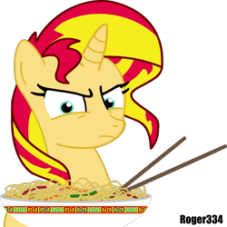 Size: 1053x1055 | Tagged: safe, artist:roger334, character:sunset shimmer, species:pony, species:unicorn, g4, angry, bowl, chinese food, chopsticks, female, food, glare, looking at you, noodles, simple background, solo, transparent background, vector