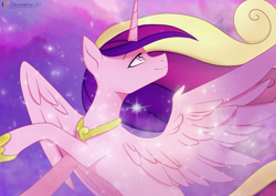 Size: 4093x2894 | Tagged: safe, artist:chickenbrony, character:princess cadance, species:alicorn, species:pony, g4, female, flying, jewelry, looking up, mare, regalia, solo, sparkles, windswept mane