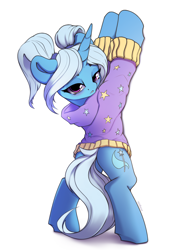 Size: 2180x2850 | Tagged: safe, artist:hitbass, character:trixie, species:pony, species:unicorn, g4, adorasexy, alternate hairstyle, babysitter trixie, blushing, clothing, cute, diatrixes, female, gameloft interpretation, hoodie, looking at you, looking back, looking back at you, mare, pigtails, sexy, simple background, twintails, white background