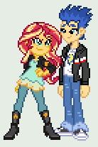 Size: 138x207 | Tagged: safe, artist:jadethepegasus, character:flash sentry, character:sunset shimmer, ship:flashimmer, g4, my little pony:equestria girls, female, male, pixel art, shipping, straight