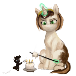 Size: 4000x4000 | Tagged: safe, artist:misstwipietwins, oc, oc:elinvar, oc:inkenel, species:pony, g4, candle, food, marshmallow, micro, size difference