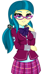 Size: 821x1410 | Tagged: safe, artist:rosemile mulberry, character:juniper montage, species:eqg human, g4, my little pony:equestria girls, bow tie, clothing, crystal prep academy uniform, cute, female, film reel, glasses, junibetes, looking at you, pigtails, school uniform, simple background, skirt, smiling, smiling at you, solo, twintails