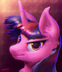 Size: 2267x2645 | Tagged: safe, alternate version, artist:angusdra, character:twilight sparkle, species:pony, g4, bust, chest fluff, chromatic aberration, ear fluff, female, looking at you, mare, portrait, solo