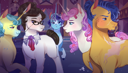 Size: 1000x575 | Tagged: safe, artist:bunnari, character:flash sentry, character:lemon hearts, character:minuette, character:raven inkwell, character:twinkleshine, species:earth pony, species:pony, species:unicorn, g4, clothing, cute, ear fluff, glasses, horn, scar, smiling