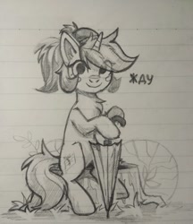 Size: 935x1080 | Tagged: safe, artist:amy-gamy, species:pony, species:unicorn, g4, lined paper, sketch, solo, traditional art, tree stump, umbrella