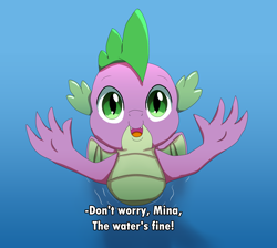 Size: 2450x2200 | Tagged: safe, artist:chiptunebrony, character:spike, species:dragon, g4, anime style, comforting, cute, dialogue, fake screenshot, implied mina, lake, looking at you, male, reaching out, ripple, shadow, silhouette, smiling, solo, spikabetes, subtitles, water, winged spike