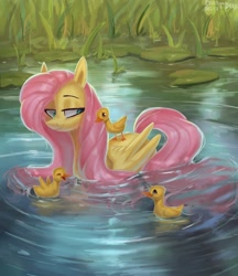 Size: 2000x2316 | Tagged: safe, artist:enderselyatdark, character:fluttershy, species:bird, species:duck, species:pegasus, species:pony, g4, cheek fluff, cute, female, grass, high res, lidded eyes, lily pad, shyabetes, solo, water