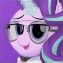 Size: 256x256 | Tagged: safe, artist:potato22, edit, character:starlight glimmer, species:pony, species:unicorn, g4, animated, biały węgorz, clothing, collar, cypis, deepfake, faec, female, glasses, glowing horn, horn, implied drug use, mare, meme, music, neural network, neural network abomination, polish, shitposting, simple background, singing, smiling, smirk, solo, sound, wat, webm