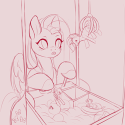 Size: 3000x3000 | Tagged: safe, artist:evlass, character:fluttershy, species:earth pony, species:pegasus, species:pony, g4, commission, crane game, cute, female, lineart, monochrome, solo, ych sketch, your character here