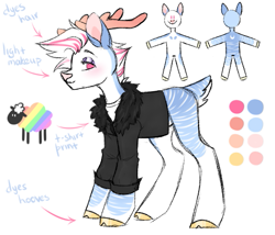 Size: 563x481 | Tagged: safe, artist:hellishprogrammer, oc, oc only, oc:pastel frost, species:deer, species:sheep, g4, antlers, blushing, clothing, coat, eyeshadow, makeup, male, markings, reference sheet, shirt, simple background, solo, t-shirt, unshorn fetlocks, white background