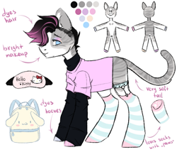 Size: 563x481 | Tagged: safe, artist:hellishprogrammer, oc, oc only, oc:soft meows, species:pony, g4, backpack, blindfold, cat, cat paws, catpony, cinnamoroll, clothing, eyeshadow, femboy, hello kitty, makeup, male, markings, original species, reference sheet, sanrio, shirt, simple background, socks, solo, stallion, stockings, striped socks, thigh highs, trans male, transgender, unshorn fetlocks, white background