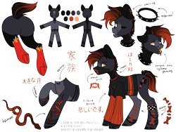 Size: 2000x1500 | Tagged: safe, artist:hellishprogrammer, oc, oc only, oc:darkened ink, species:earth pony, species:pony, g4, anklet, butt, chains, choker, clothing, drool, ear piercing, earring, face mask, jewelry, kanji, male, markings, mask, multicolored hair, one eye closed, open mouth, piercing, plot, raised hoof, raised leg, red and black mane, red and black oc, reference sheet, shirt, simple background, socks, solo, spiked choker, stallion, tattoo, tongue out, tongue piercing, transparent background, underhoof, wink