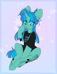 Size: 2166x2826 | Tagged: safe, artist:sugarstar, rcf community, oc, oc only, oc:rouz rain, species:pony, species:unicorn, g4, clothing, ear piercing, earring, female, horn, jewelry, looking down, mare, piercing, shirt, sitting, solo, t-shirt, tattoo, tongue out