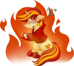 Size: 2038x1816 | Tagged: safe, artist:poseidonathenea, oc, oc only, oc:page turner, g4, burning, commission, commissioner:reversalmushroom, dialogue, fire, funny, immolation, simple background, solo, text, this is fine, transparent background