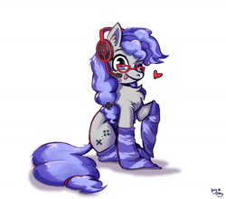 Size: 1700x1500 | Tagged: safe, artist:amy-gamy, oc, oc only, oc:cinnabyte, species:earth pony, species:pony, g4, adorkable, blep, clothing, cute, dork, fluffy, gaming headset, glasses, headphones, headset, simple background, socks, solo, striped socks, tongue out, white background