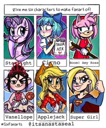 Size: 1080x1306 | Tagged: safe, artist:antych, character:applejack, character:starlight glimmer, species:anthro, species:human, species:pony, species:unicorn, g4, my little pony:equestria girls, amy rose, anthro with ponies, bow, bust, cirno, clothing, crossover, cyrillic, dc comics, dress, eyelashes, female, flexing, freckles, hair bow, hand on hip, hat, heart, mallet, mare, russian, scepter, six fanarts, smiling, smirk, sonic the hedgehog (series), straw in mouth, supergirl, touhou, vanellope von schweetz, watermark, wreck-it ralph