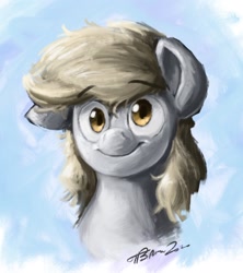 Size: 1674x1882 | Tagged: safe, artist:th3ipodm0n, character:derpy hooves, species:pegasus, species:pony, g4, bust, eyebrows, eyebrows visible through hair, female, full face view, looking at you, mare, one ear down, portrait, smiling, solo