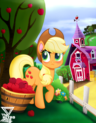 Size: 3000x3856 | Tagged: safe, artist:theretroart88, character:applejack, species:earth pony, species:pony, g4, apple, barn, blushing, bucket, clothing, cowboy hat, female, food, fruit, hat, high res, mare, raised hoof, stetson, sweat, sweet apple acres