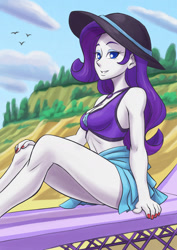 Size: 1240x1754 | Tagged: safe, artist:brother-tico, character:rarity, species:eqg human, equestria girls:forgotten friendship, g4, my little pony: equestria girls, my little pony:equestria girls, beach, beach babe, bedroom eyes, bikini, bikini babe, breasts, cleavage, clothing, female, hat, legs, lidded eyes, looking at you, sarong, schrödinger's pantsu, solo, sun hat, thighs